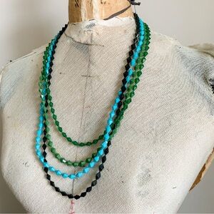 Vintage 4 Strand Beaded Estate Costume Jewelry Necklace Black Blue Green Clasp